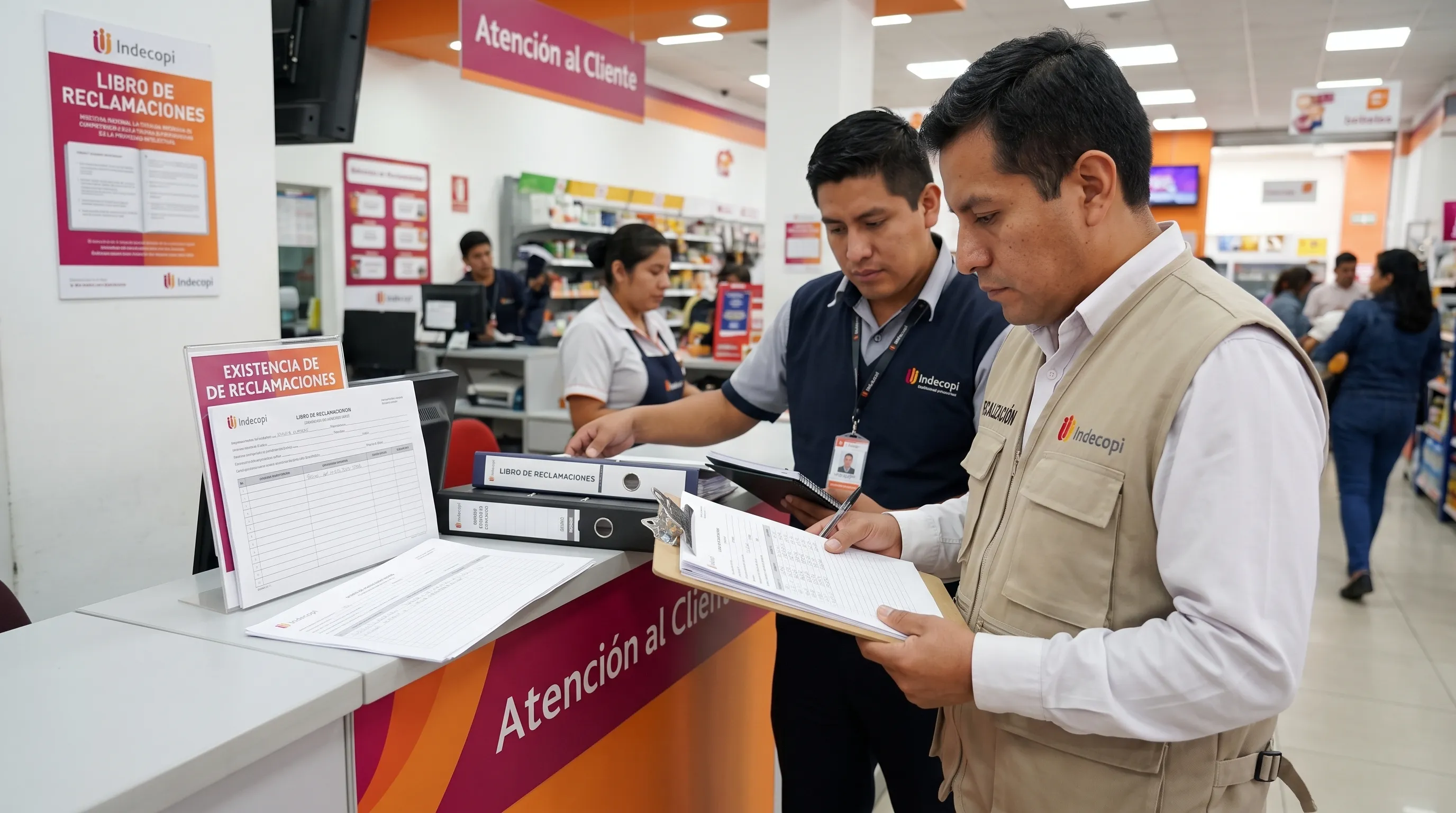 Fiscalizador de Indecopi inspeccionando la documentación y el Libro de Reclamaciones en un establecimiento comercial en Perú